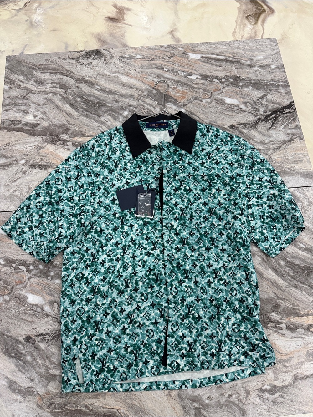 AUTHENTIC Louis Vuitton Teal Green Patterned Short-Sleeve Polo with Black Collar